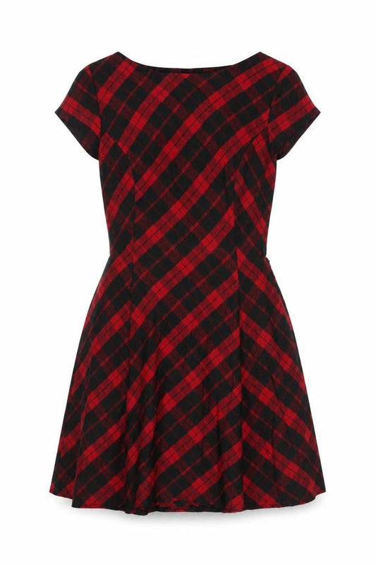 Front view of Red Herring Women Red Checked A-Line Dress, size 10, Short Sleeve