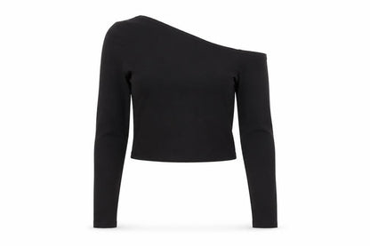 Stradivarius Women's Black One Shoulder Cropped Long Sleeve Top Size S