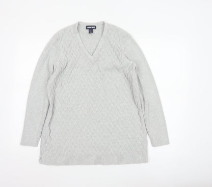 Lands' End Women's Grey Cotton Cable-Knit V-Neck Jumper Size M
