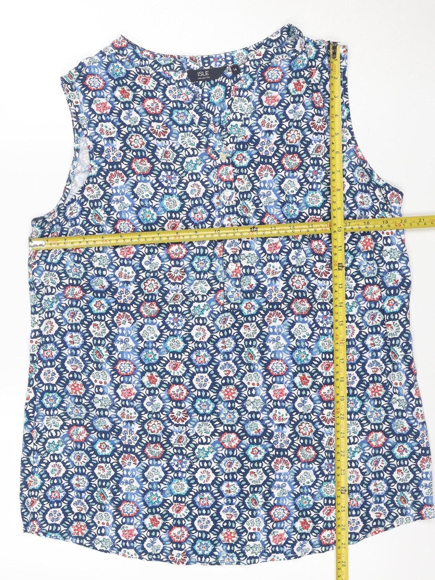 Isle Collection Women's Blue Floral Sleeveless Tunic Blouse Size 14