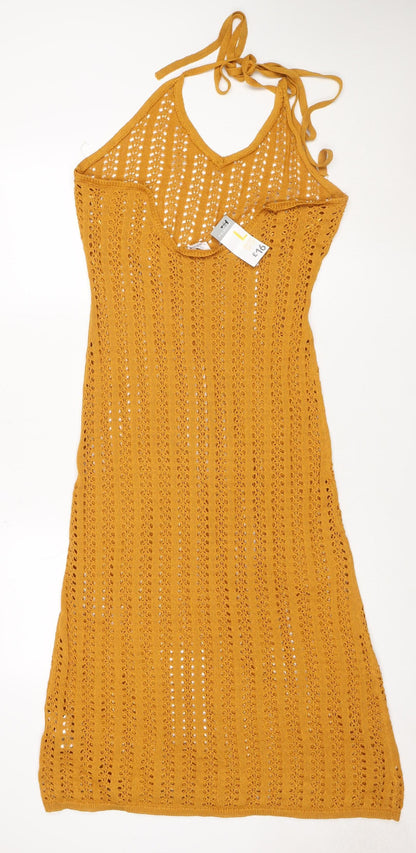 Primark Women Yellow Crochet Knit Slip Dress L Summer Beach Style