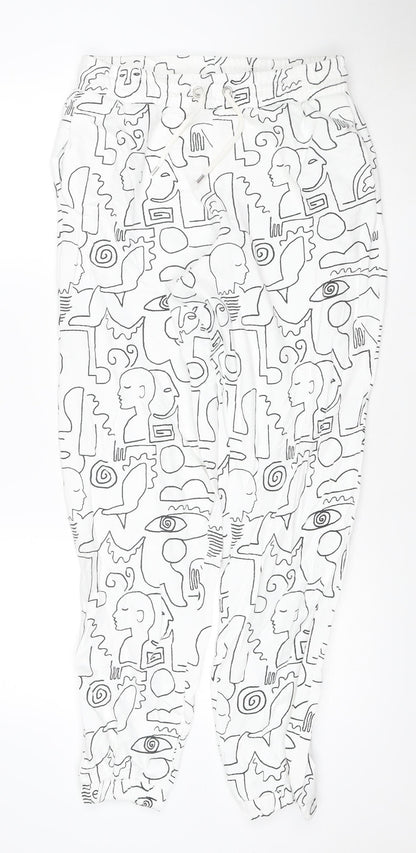 Monki Women White Abstract Print Cotton Jogger Trousers Size S
