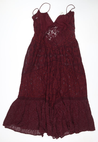 Free People Women's Burgundy Lace Wide-Leg Jumpsuit Size M