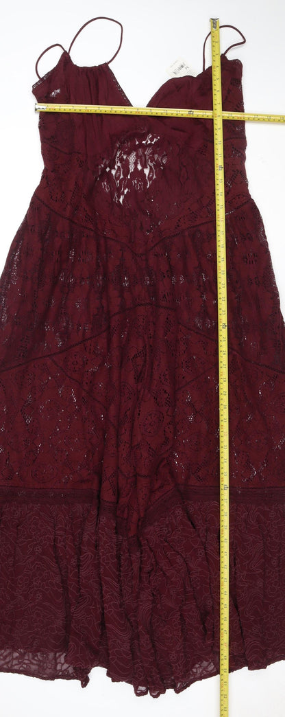 Free People Women's Burgundy Lace Wide-Leg Jumpsuit Size M