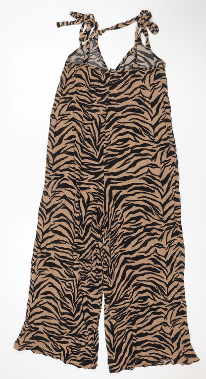 New Look Women's Beige & Black Zebra Print Jumpsuit Size 12 Viscose Strappy Wide-Leg