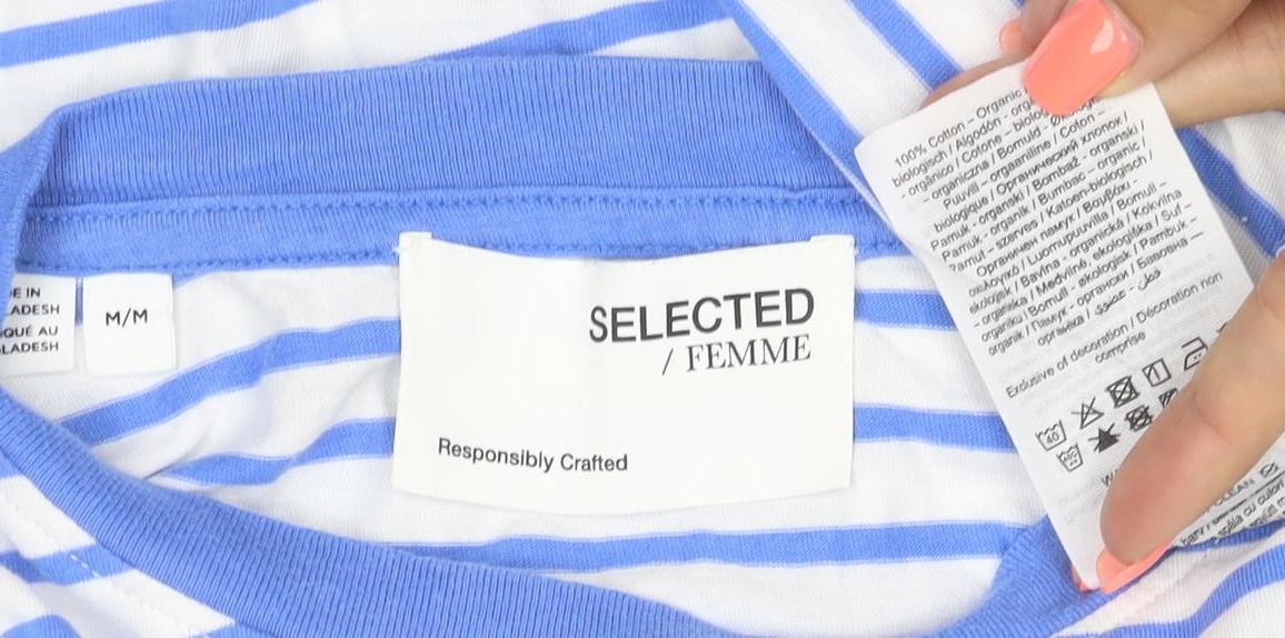 SELECTED FEMME Women's Blue White Striped Cotton T-Shirt M