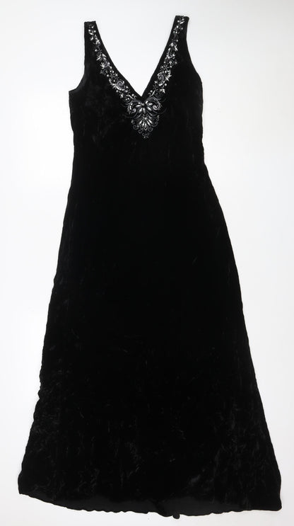 Laura Ashley Women's Black Size 12 Velvet A-Line Sleeveless Embroidered Evening Dress