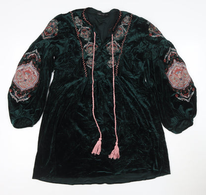 Zara Woman Green Velvet Embroidered Boho Tunic Dress Size 8