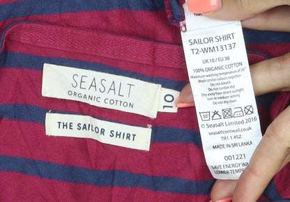 Seasalt Women Red Blue Striped Long Sleeve Organic Cotton Sailor Shirt Size 10