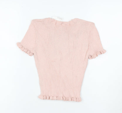ZARA Women's Pink Ruffle Knit Short Sleeve T-Shirt Size S