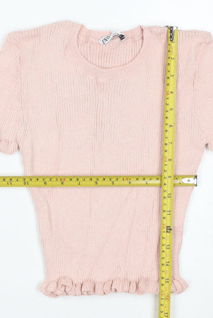 ZARA Women's Pink Ruffle Knit Short Sleeve T-Shirt Size S