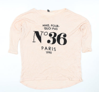 H&M Women Beige Graphic Paris Pullover Jumper XS 3/4 Sleeve Knit