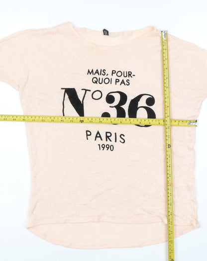 H&M Women Beige Graphic Paris Pullover Jumper XS 3/4 Sleeve Knit