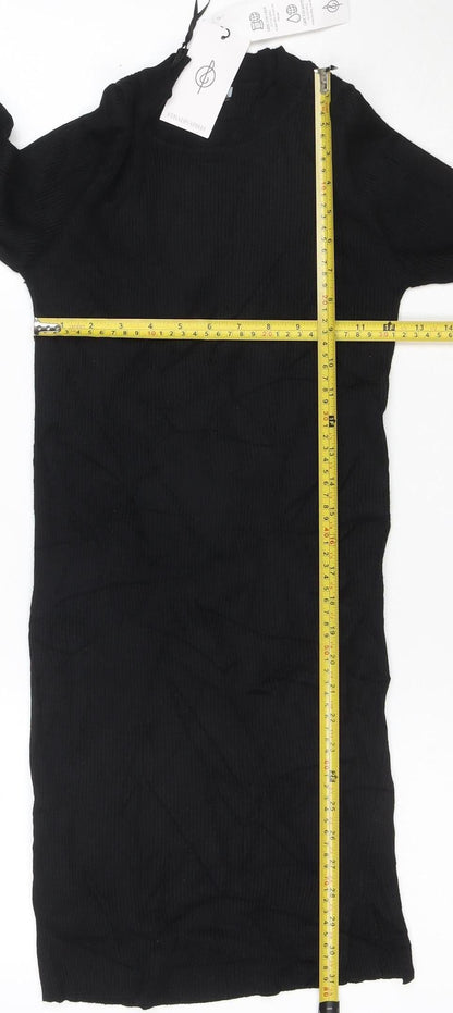 Stradivarius Women Black Bodycon Knit Long Sleeve High Neck Dress M