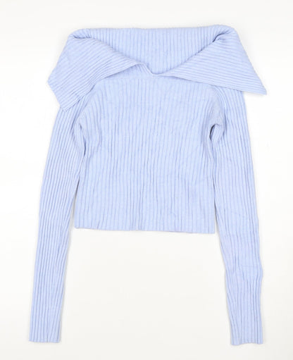 Bershka Women Blue Rib-Knit Off Shoulder Pullover Jumper Size 12