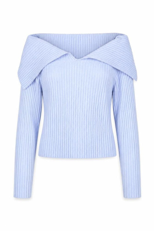 Bershka Women Blue Rib-Knit Off Shoulder Pullover Jumper Size 12