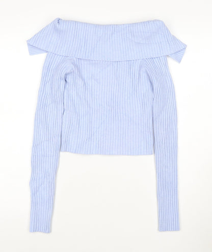 Bershka Women Blue Rib-Knit Off Shoulder Pullover Jumper Size 12