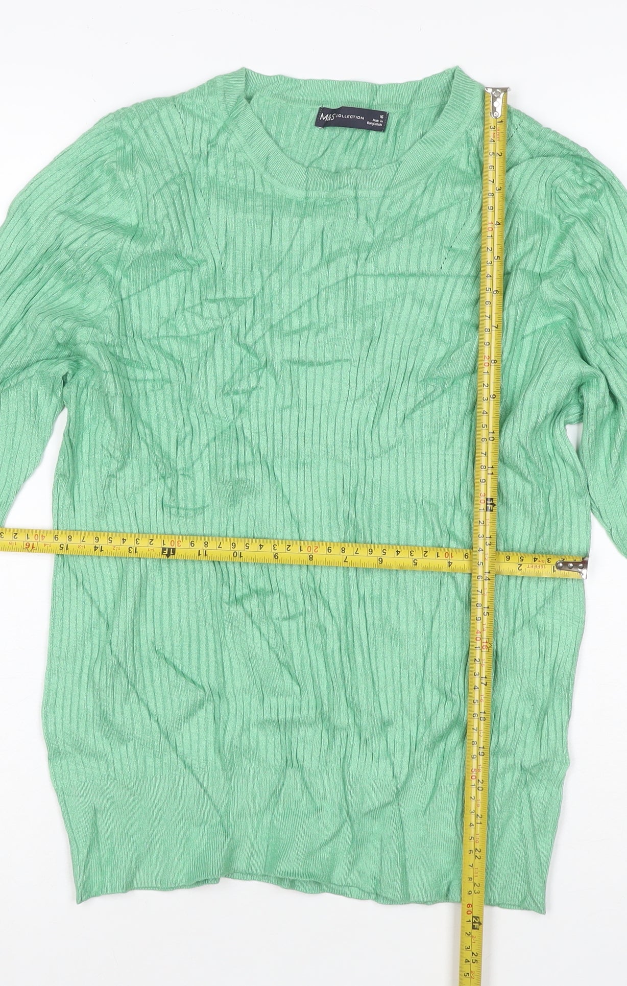Marks and Spencer Women’s Green Ribbed Knit 3/4 Sleeve Top Size 16