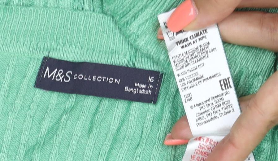 Marks and Spencer Women’s Green Ribbed Knit 3/4 Sleeve Top Size 16