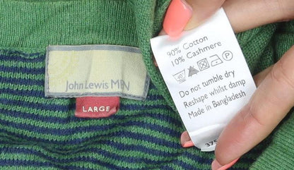 John Lewis Men Green Cotton Cashmere V-Neck Jumper Large