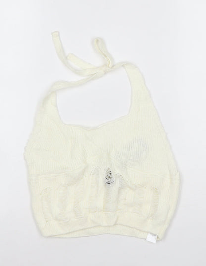 Boohoo Women Ivory Knit Halter Cropped Tank Top M