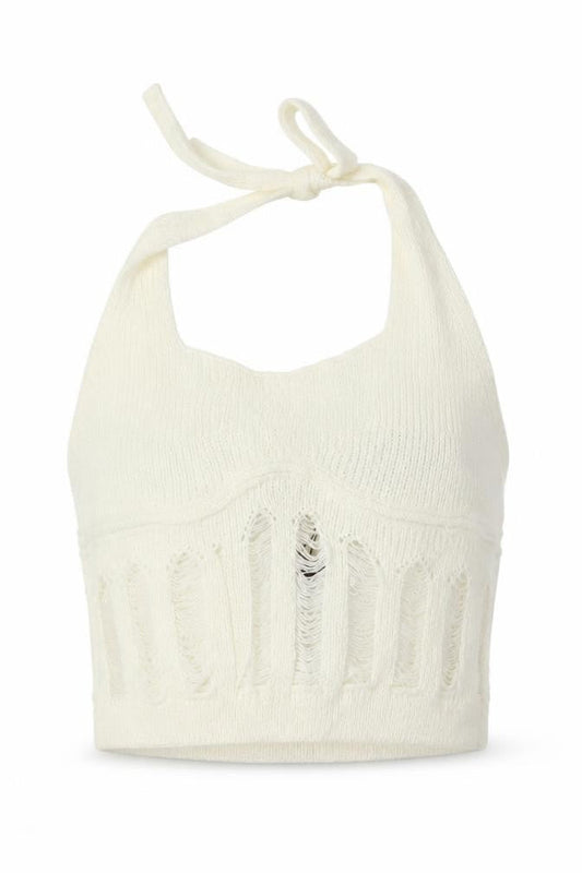 Boohoo Women Ivory Knit Halter Cropped Tank Top M