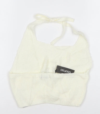Boohoo Women Ivory Knit Halter Cropped Tank Top M