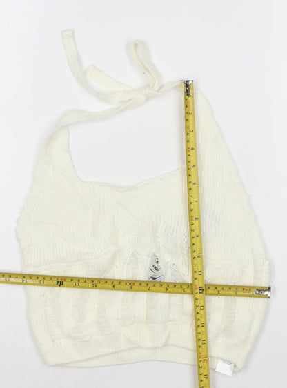 Boohoo Women Ivory Knit Halter Cropped Tank Top M