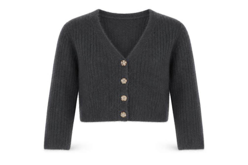 Pull&Bear Women's Grey V-Neck Button Cardigan XS Knit Crop Jumper