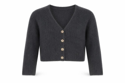 Pull&Bear Women's Grey V-Neck Button Cardigan XS Knit Crop Jumper