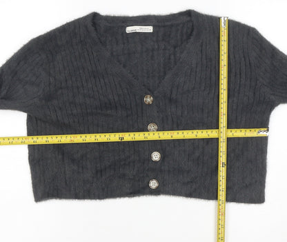 Pull&Bear Women's Grey V-Neck Button Cardigan XS Knit Crop Jumper