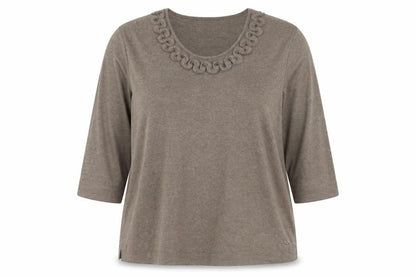 TIGI Women’s Brown 3/4 Sleeve Embroidered Neck Cotton Blend Top Size 18