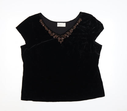 Ann Harvey Women Black Beaded Velvet Blouse UK 24 V-Neck Short Sleeve