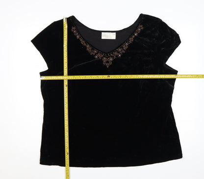 Ann Harvey Women Black Beaded Velvet Blouse UK 24 V-Neck Short Sleeve