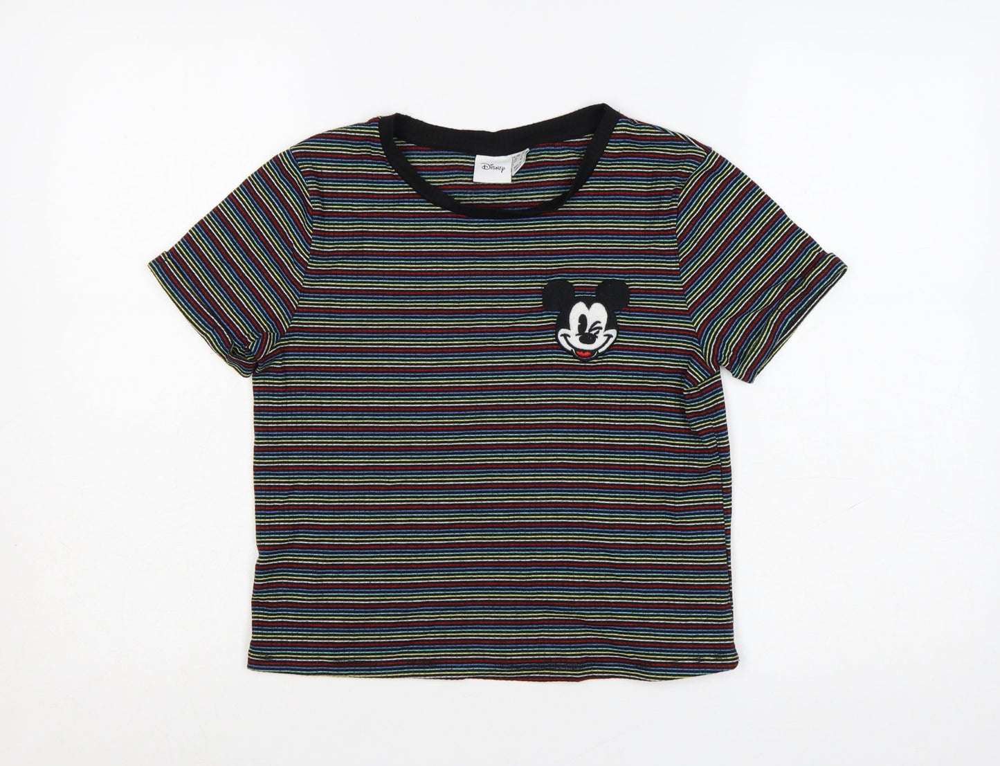 Disney Women’s Multicoloured Striped Mickey Mouse Cropped T-Shirt Size 10