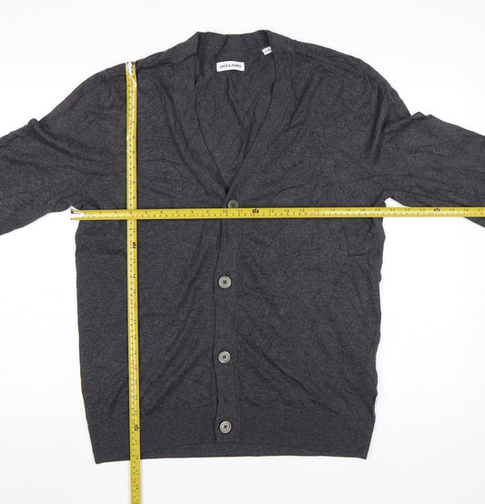 Jack & Jones Men's Grey Cotton Blend V-Neck Cardigan L
