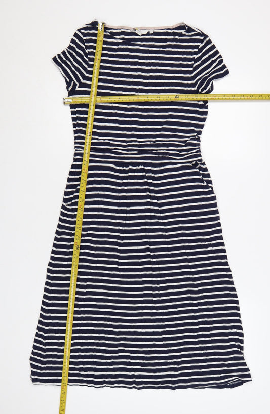 Boden Women Blue White Striped Fit & Flare Dress Size 12 Short Sleeve