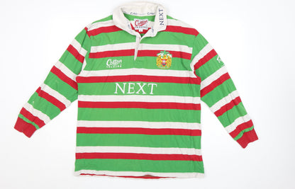 Cotton Traders Men's Green Red Striped Long Sleeve Rugby Polo Shirt L