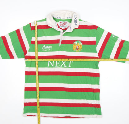 Cotton Traders Men's Green Red Striped Long Sleeve Rugby Polo Shirt L
