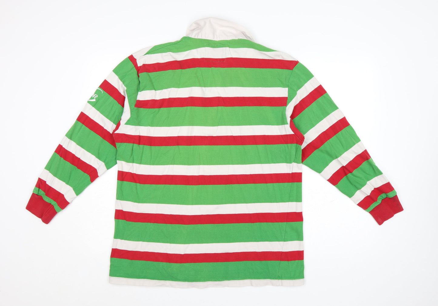 Cotton Traders Men's Green Red Striped Long Sleeve Rugby Polo Shirt L