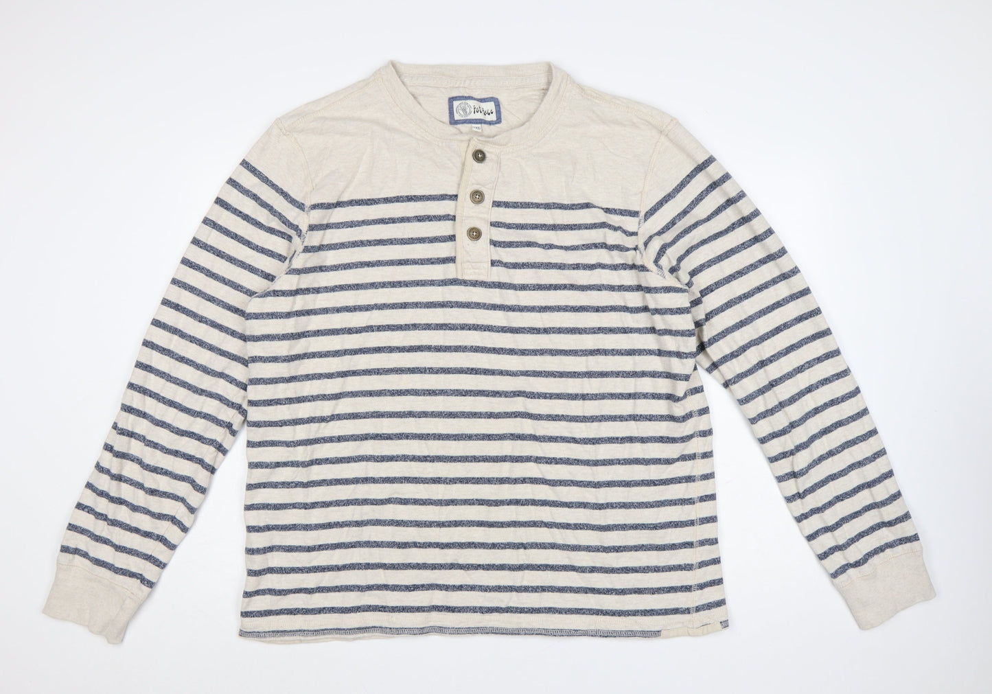 Fat Face Men’s Beige Navy Striped Henley Sweatshirt 2XL Cotton
