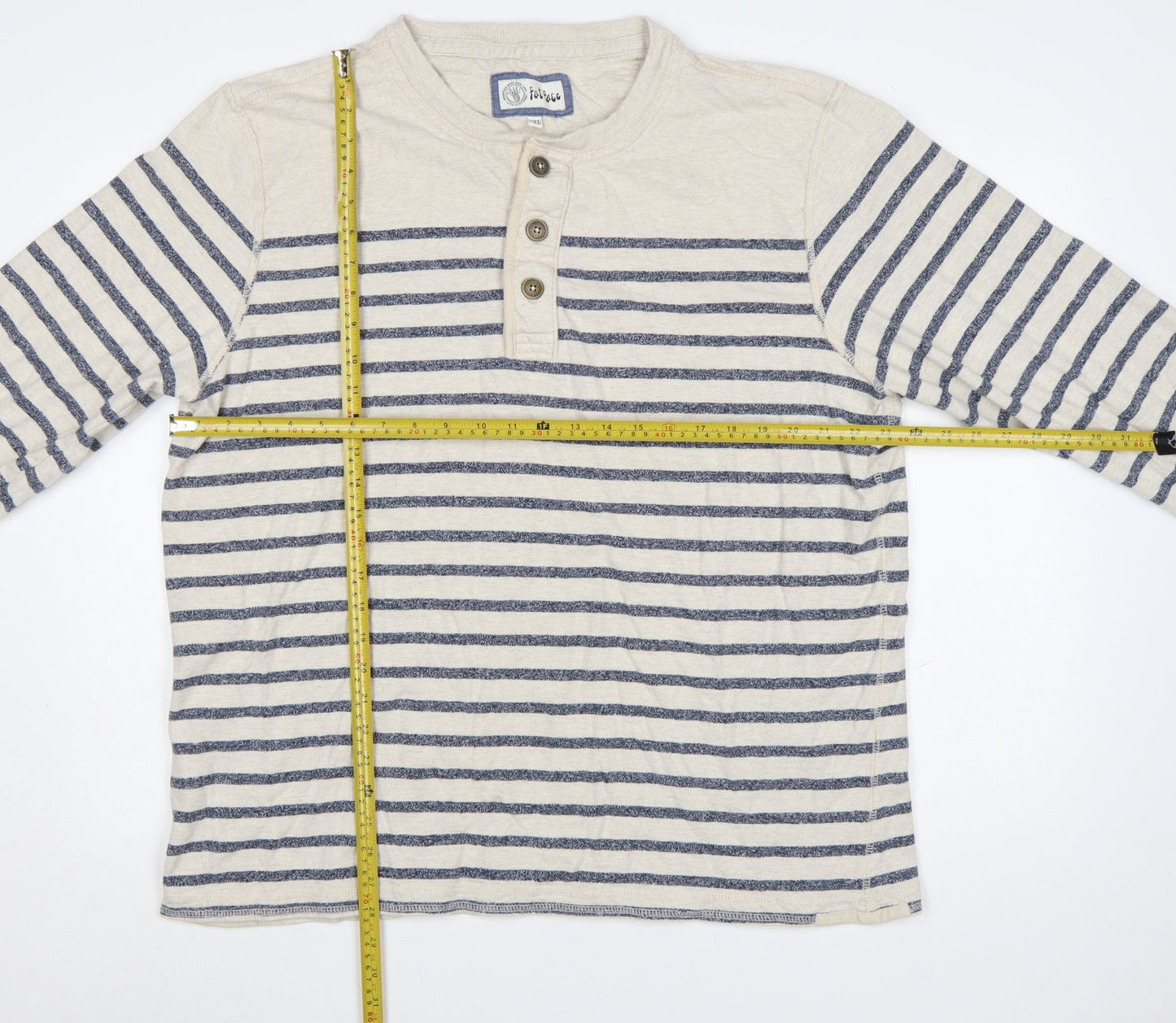 Fat Face Men’s Beige Navy Striped Henley Sweatshirt 2XL Cotton