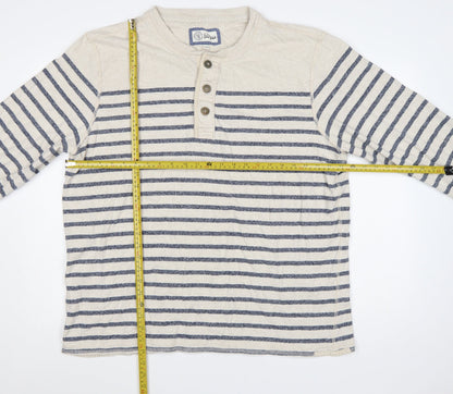 Fat Face Men’s Beige Navy Striped Henley Sweatshirt 2XL Cotton
