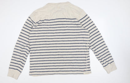 Fat Face Men’s Beige Navy Striped Henley Sweatshirt 2XL Cotton