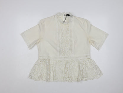 Zara Women Ivory Lace Peplum Tunic Blouse Size 14 Short Sleeve