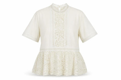 Zara Women Ivory Lace Peplum Tunic Blouse Size 14 Short Sleeve