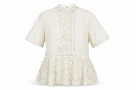 Zara Women Ivory Lace Peplum Tunic Blouse Size 14 Short Sleeve