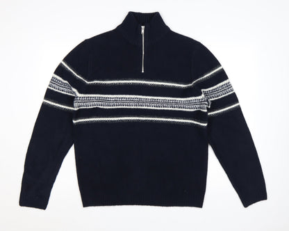 Marks and Spencer Men’s Blue Striped 1/4 Zip High Neck Jumper Medium