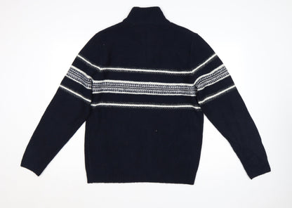 Marks and Spencer Men’s Blue Striped 1/4 Zip High Neck Jumper Medium