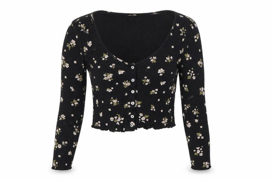 Miss Selfridge Women’s Black Floral Cropped Long Sleeve Cotton Blouse UK 10